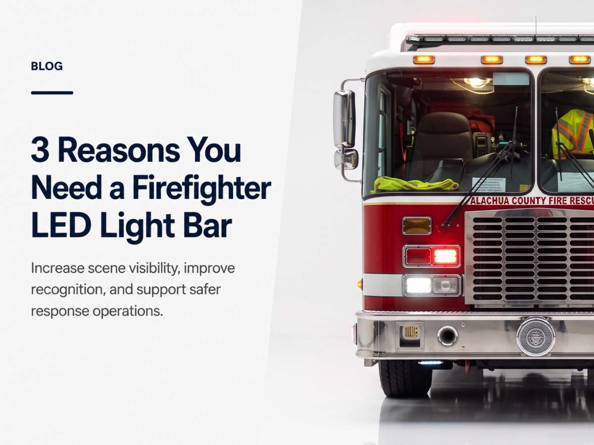 Fire truck with red LED light bar showing firefighter visibility, recognition, and response benefits