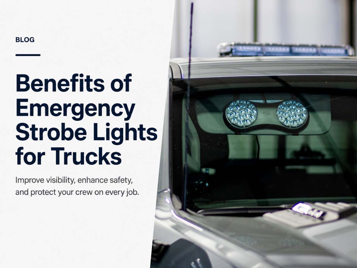 Work truck with emergency strobe lights for improved visibility, safety, and job-site awareness