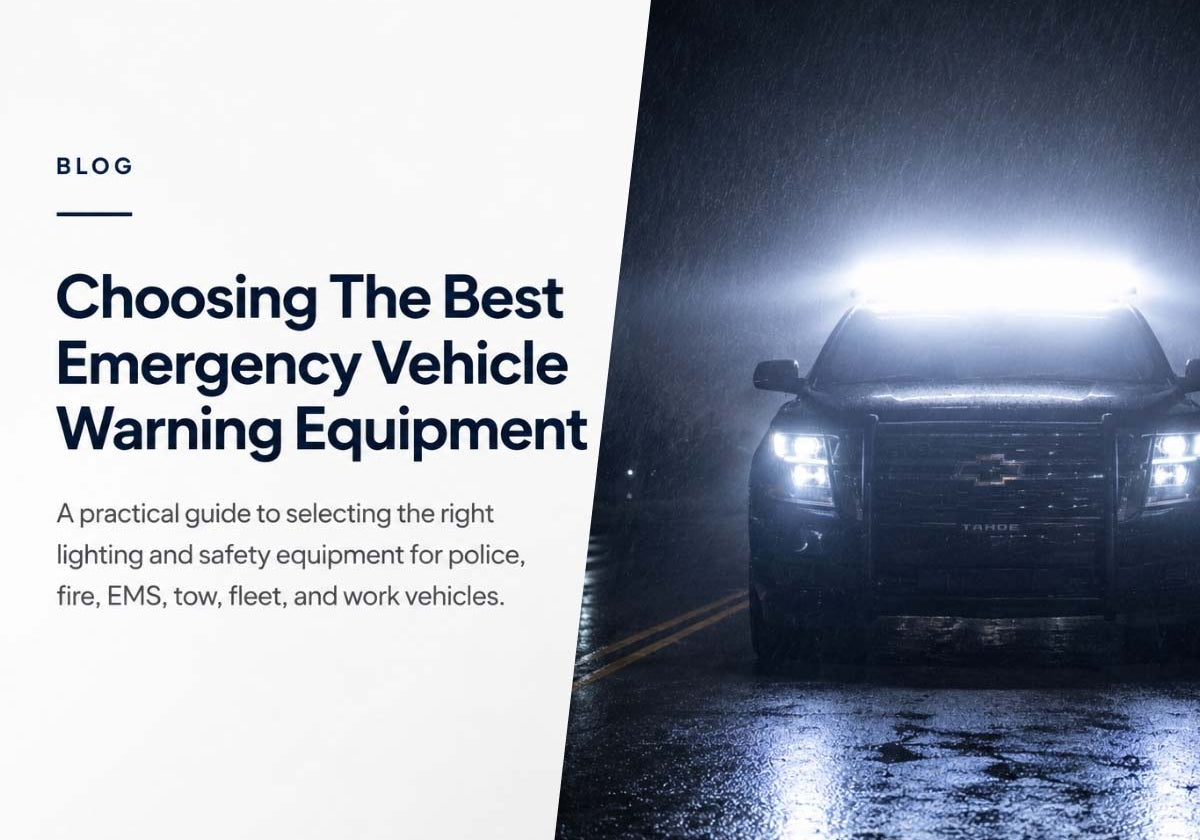 Police, fire, EMS, and tow vehicles with warning lights for choosing emergency vehicle equipment