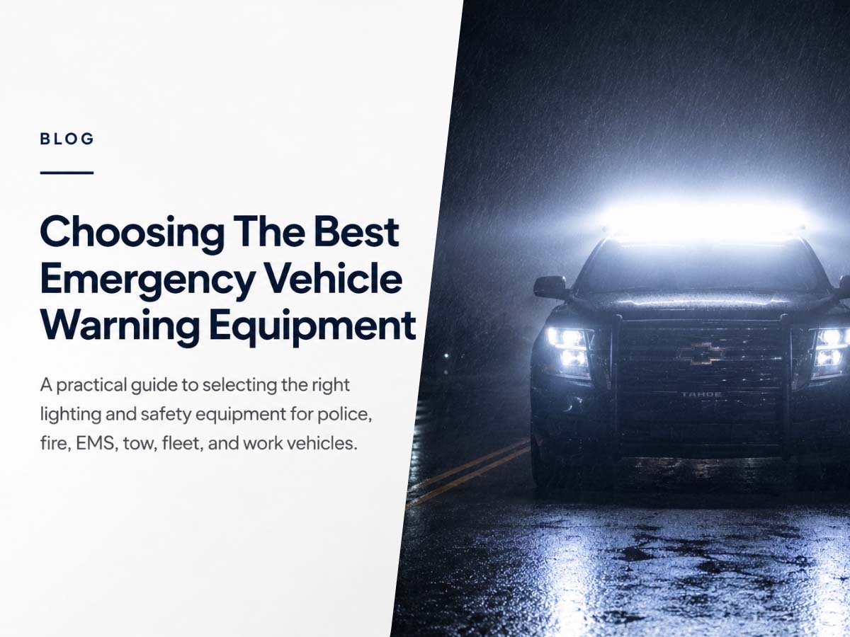 Police, fire, EMS, and tow vehicles with warning lights for choosing emergency vehicle equipment