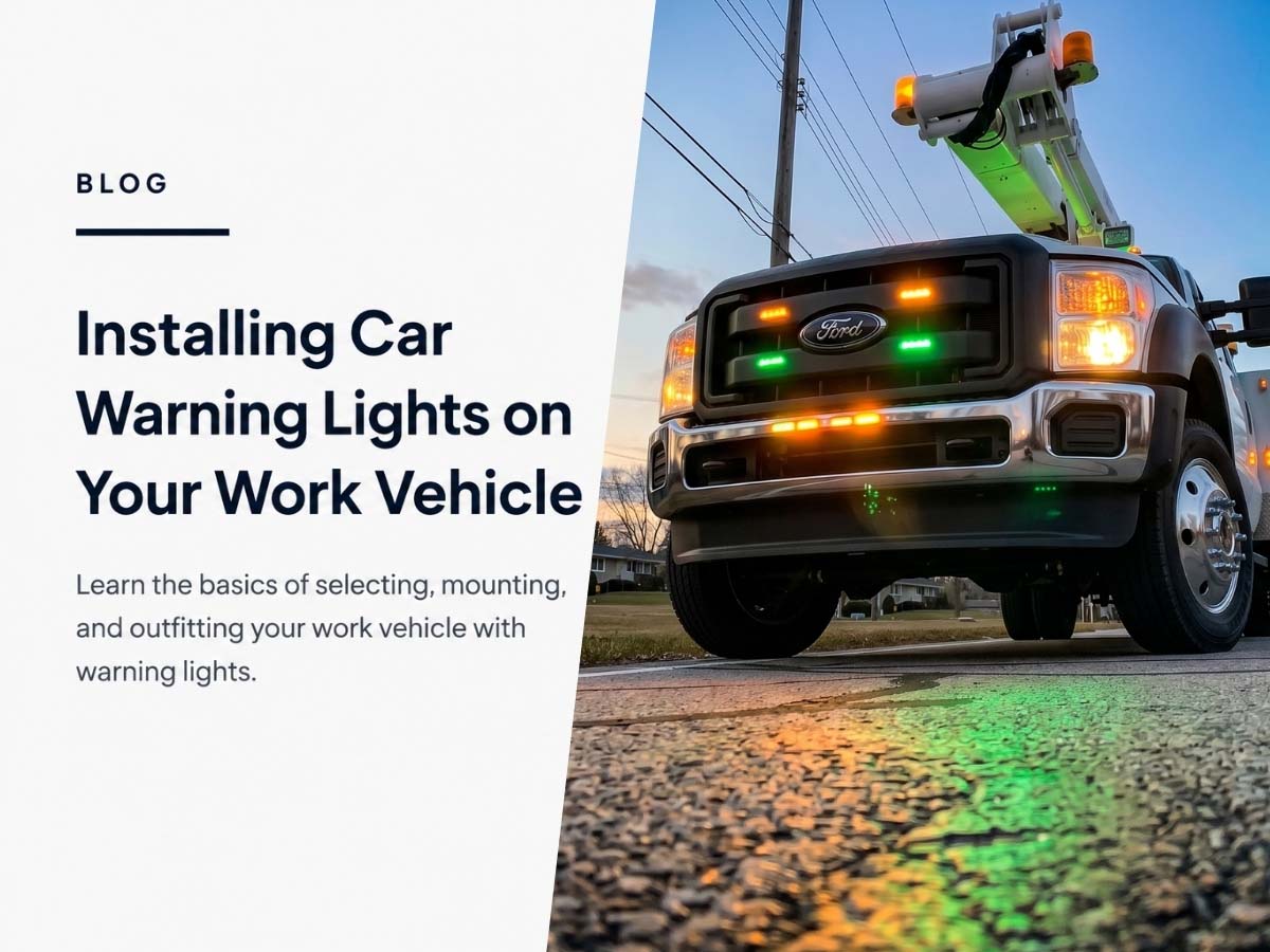 Work truck with amber warning lights and installation equipment for vehicle lighting setup