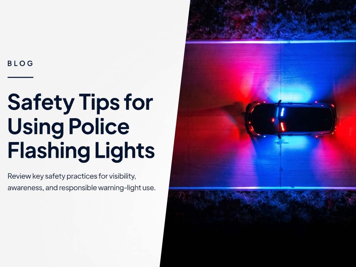 Police vehicle with flashing lights and traffic cones for warning light safety tips