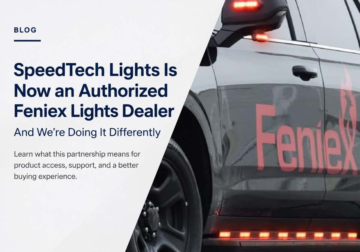 SpeedTech Lights authorized Feniex dealer announcement with emergency vehicle lighting products and warning lights