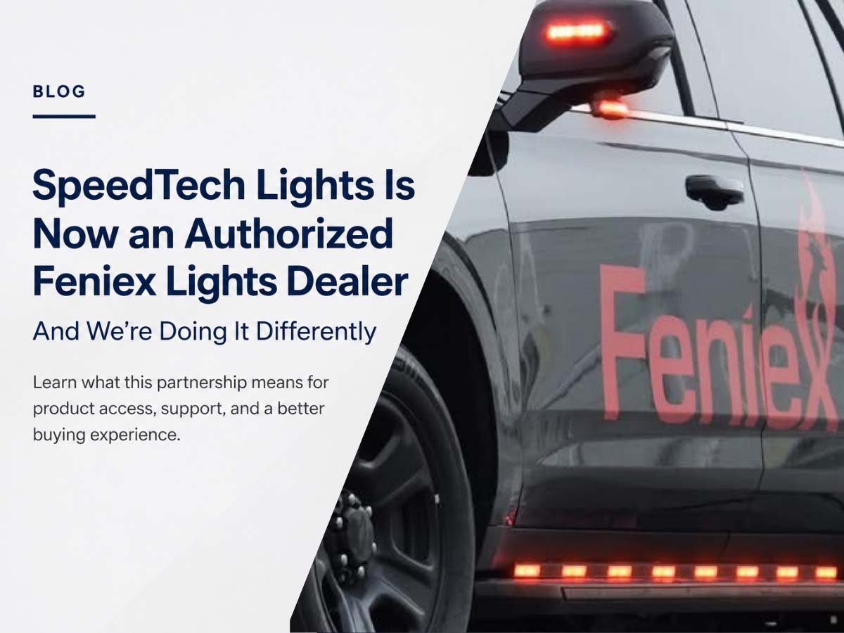 SpeedTech Lights authorized Feniex dealer announcement with emergency vehicle lighting products and warning lights