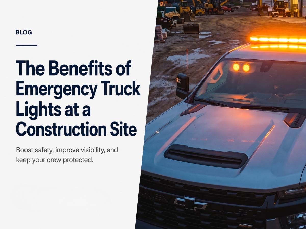Construction work truck with amber emergency lights for job-site visibility and crew safety