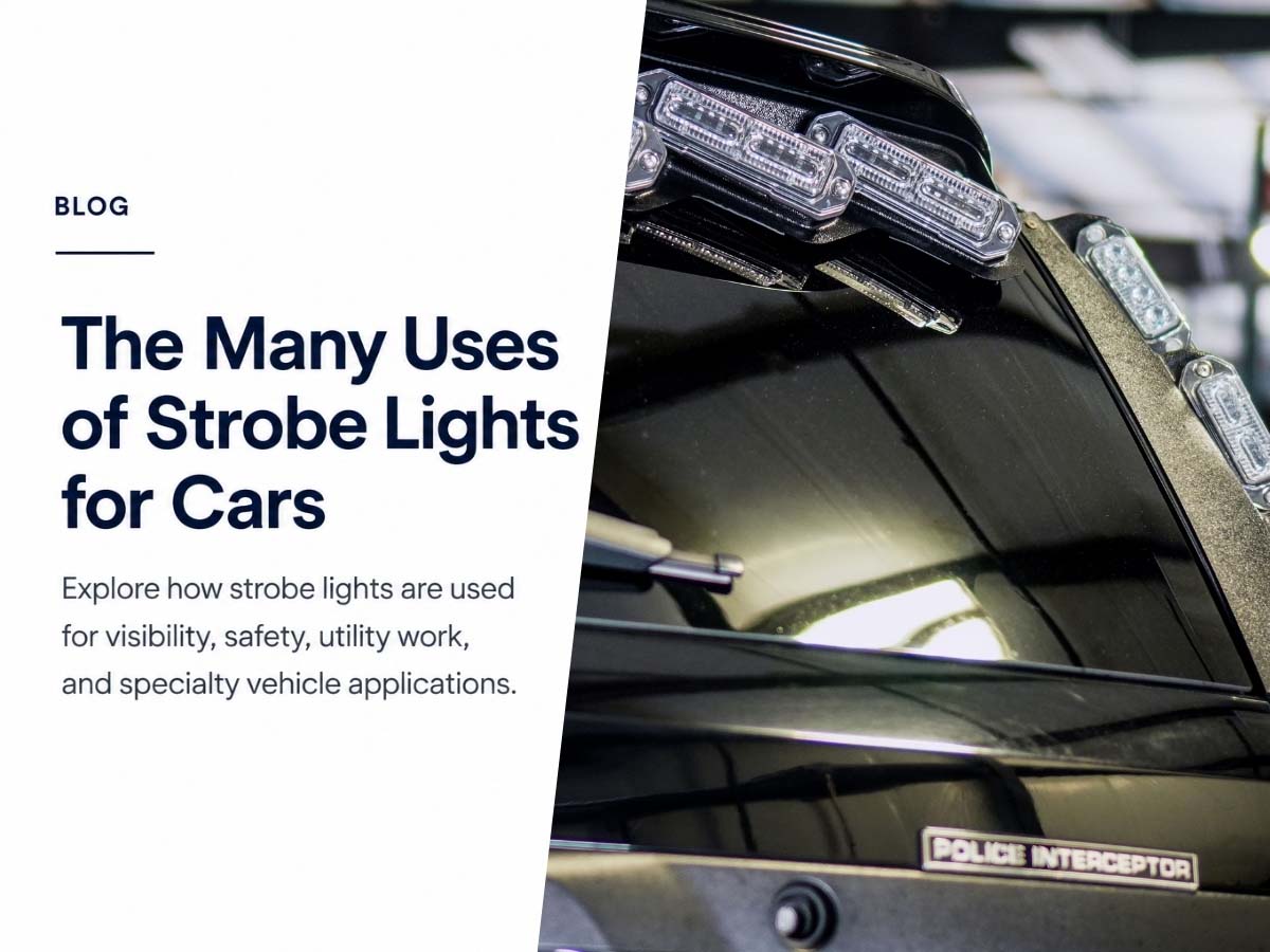 Multiple vehicle types with strobe lights showing warning light uses for cars and work vehicles