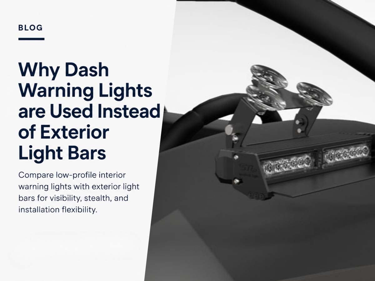 Dash warning lights compared with exterior light bars on emergency and work vehicles