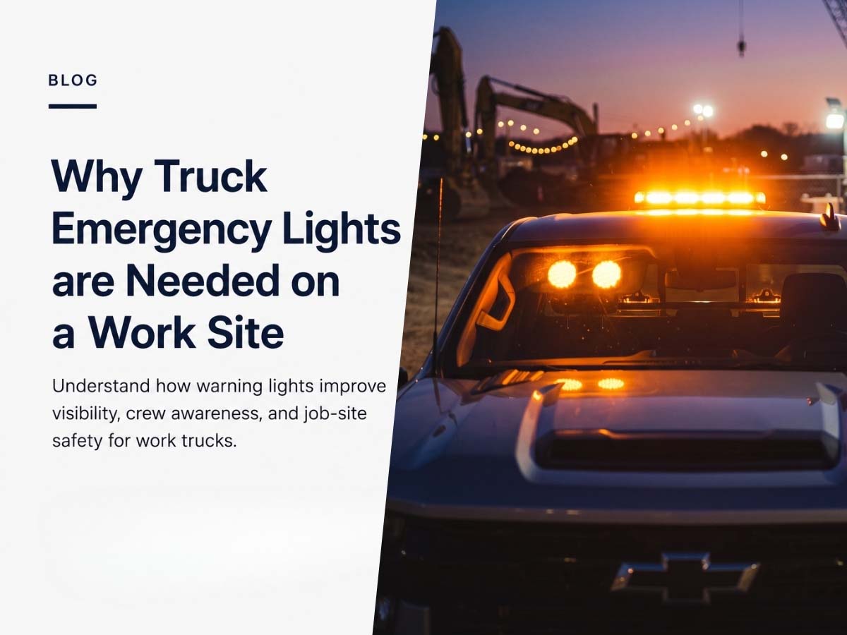 Work truck with emergency lights at a construction site for crew visibility and safety