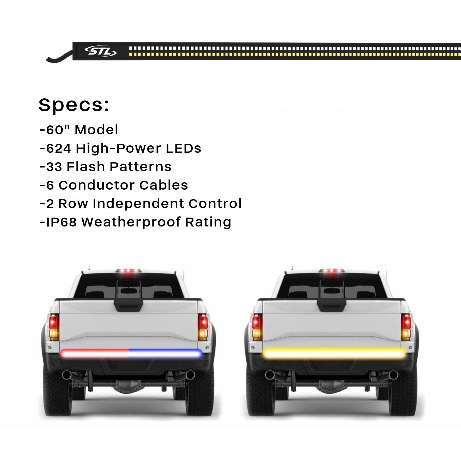 Dual-Row 60" LED Truck Tailgate Warning Light Bar w/ Reverse STD Tape