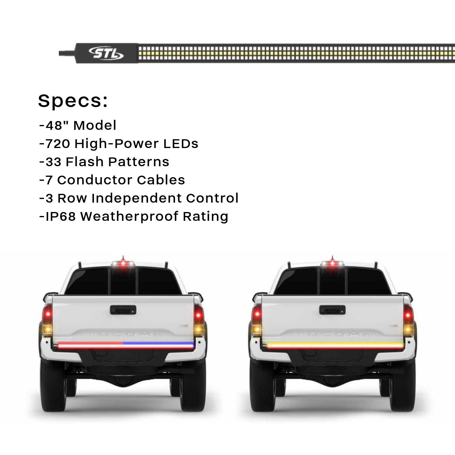 3-Row 48" LED Truck Tailgate Warning Light Bar w/ Reverse STD Tape