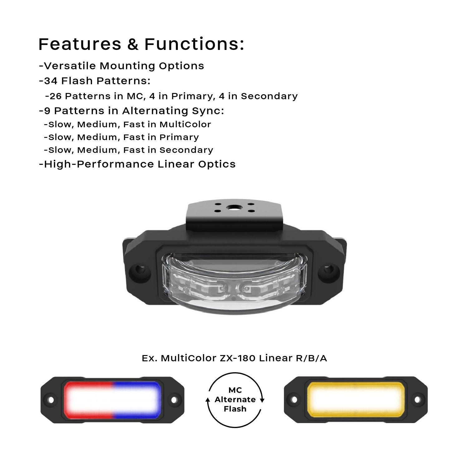 MultiColor ZX-180 Linear LED Surface Mount Under Mirror Warning Light Flang